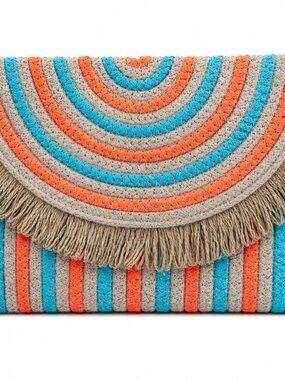 SHEIN Boho Fringe Clutch Bag Coral Blue Stripe Festival Beach Purse